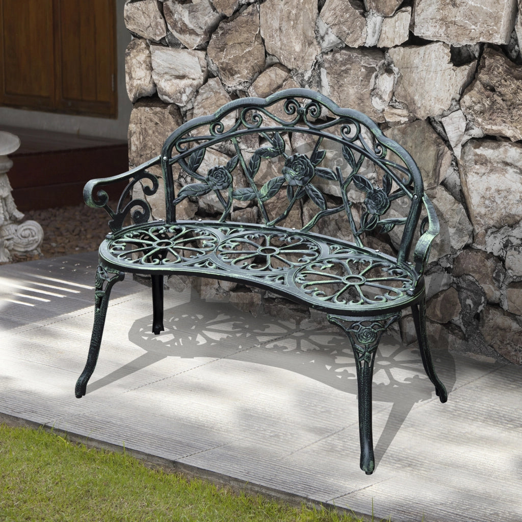 Panca da giardino 2 posti stile retro ¨C Xylo ¨C metallo verde antico con motivo floreale 100x54x78cm