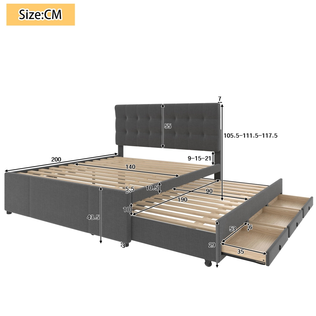 LETTO Estraibile 140x200 cm Lino Grigio con 3 cassetti