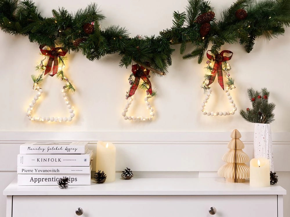 Set di 3 decorazioni natalizie in legno di abete bianco con luci LED da appendere all'albero di Natale, realizzate a mano in stile tradizionale