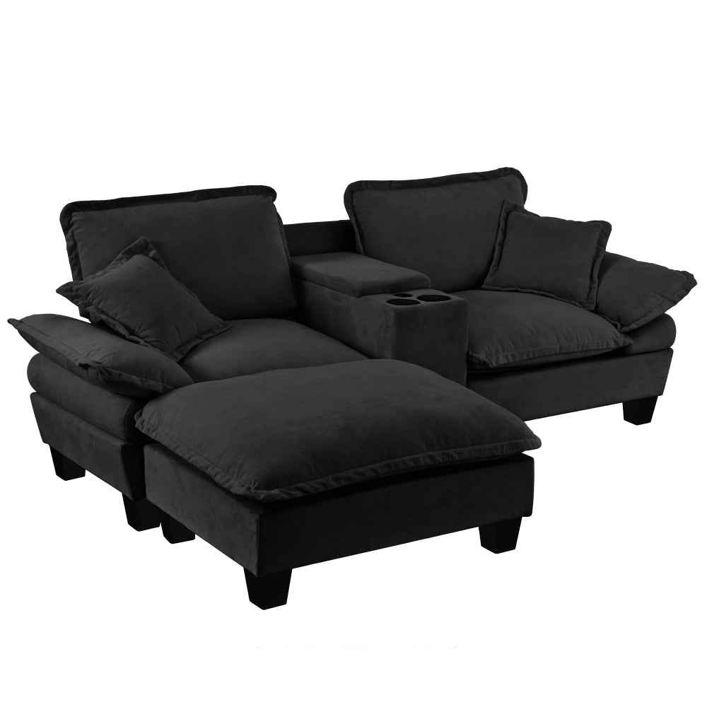 Divano modulare a L nero 3 posti in ciniglia con pouf; porta USB e portabicchieri; 224x151x90 cm