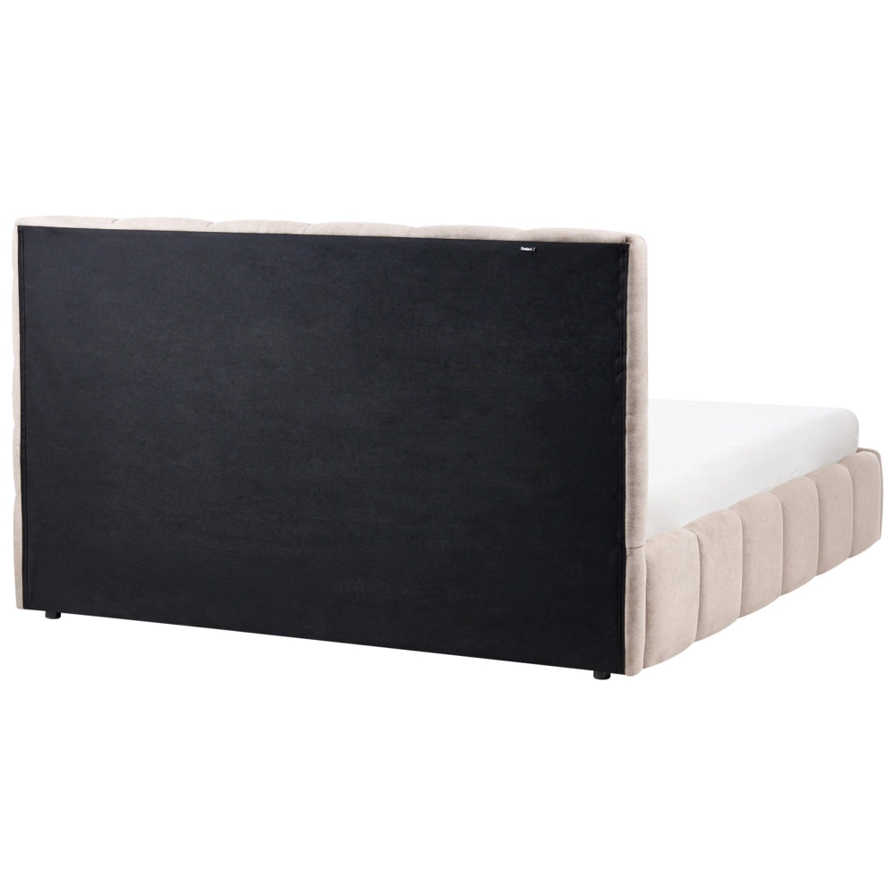 Letto matrimoniale contenitore con trapuntatura verticale in tessuto tortora 180x200 cm struttura sollevabile e testiera alta