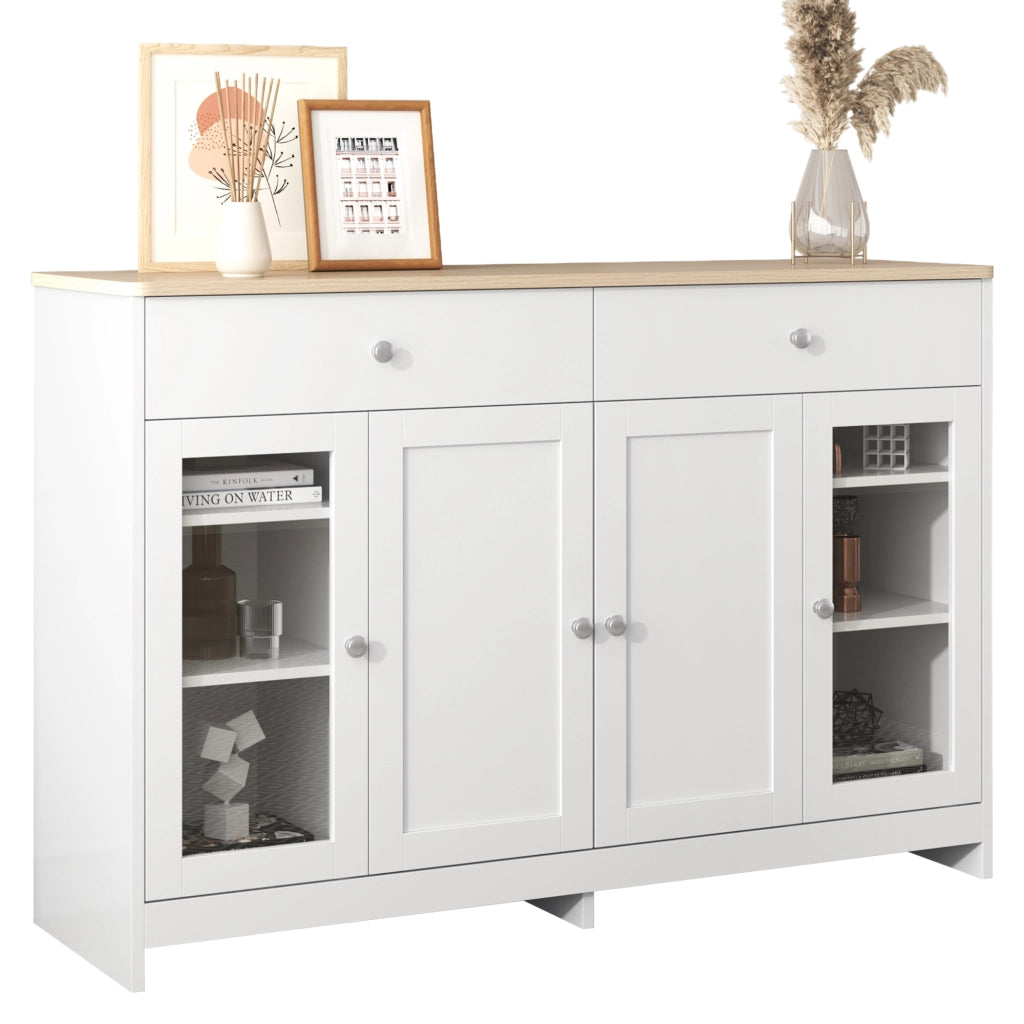 Credenza 4 Ante con 2 Cassetti e Vetro ¨C Xylo ¨C Legno Bianco e Rovere