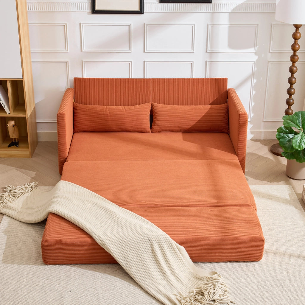 Divano letto 2 posti pieghevole 2 in 1 con due cuscini lombari e tasche laterali in velluto a coste arancione