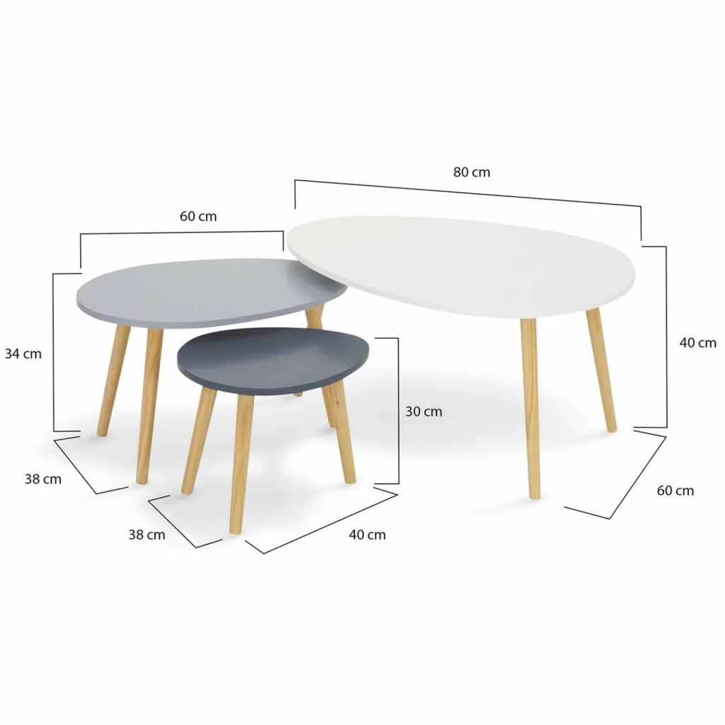 IDMarket - Set di 3 tavolini nidificanti GAIA laccati bianchi e grigi in stile scandinavo