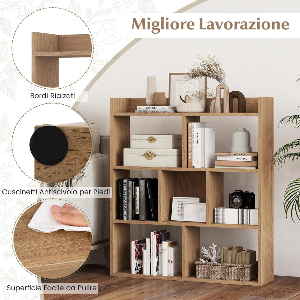 Libreria a Cubi con 7 Scomparti, Mensola Espositiva per l'Archiviazione, Libreria in Legno con Dispositivi Anti-Ribaltamento, per Studio Soggiorno, 80x20x90 cm (Naturale)