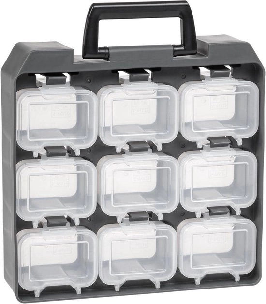 Sistema di caricamento Cassetto di stoccaggio DIY 9 compartimenti con viti rimovibili e supporto per cinghia - facile da trasportare - Unità di garage Cassetto UC-9 - Grigio Nero sistema di caricamento
