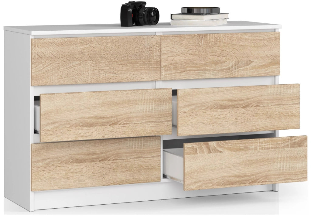 Cassettiera AKORD K120 Bianca 120 cm 6 cassetti inserto frontale Sonoma Quercia 120x40x77 cm