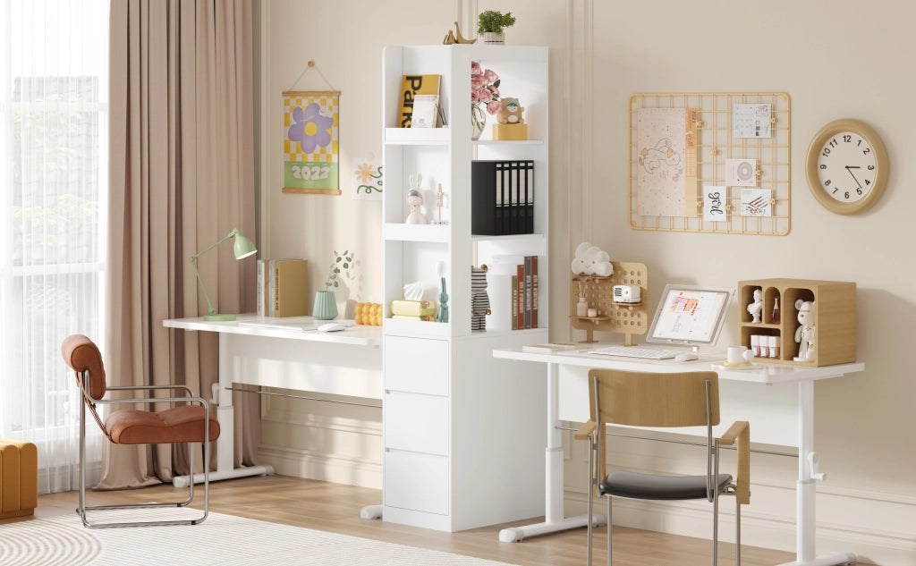 Libreria stretta salvaspazio con 3 vani aperti e 3 cassetti reversibile in truciolato bianco 60 × 40 × 200 cm