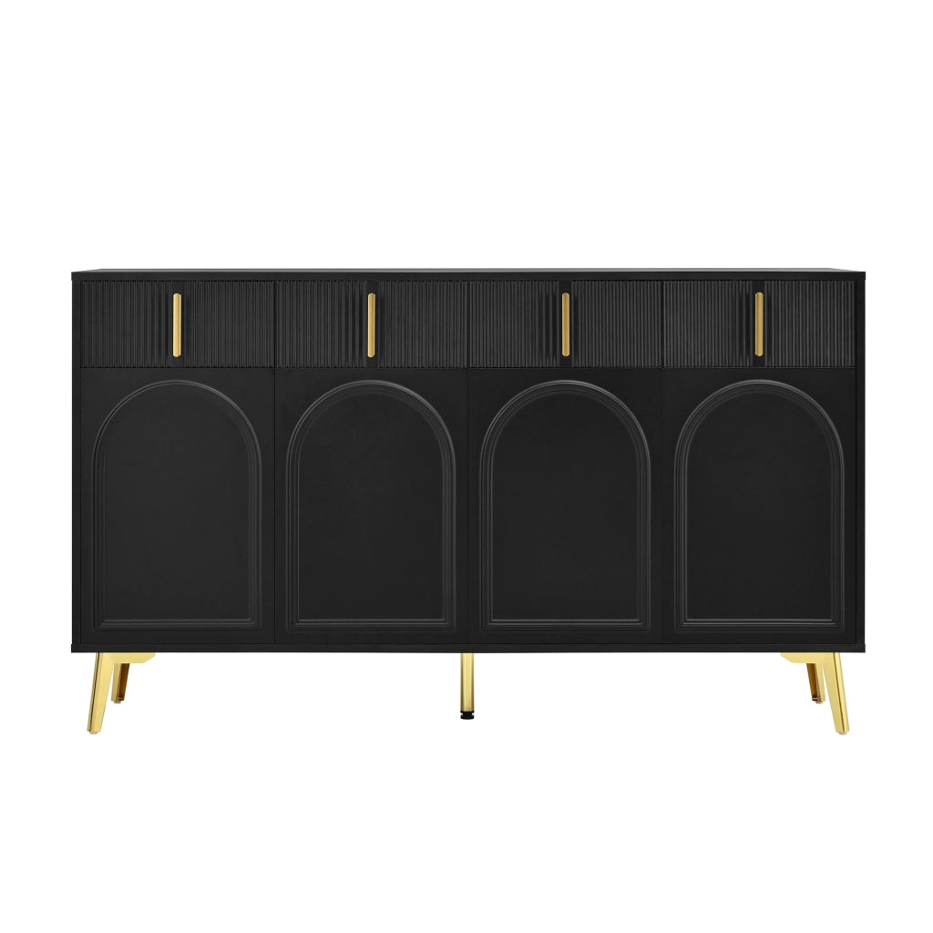 Credenza con 4 ante e 4 cassetti, ripiani regolabili, MDF nero con dettagli dorati, 140 × 38 × 82 cm