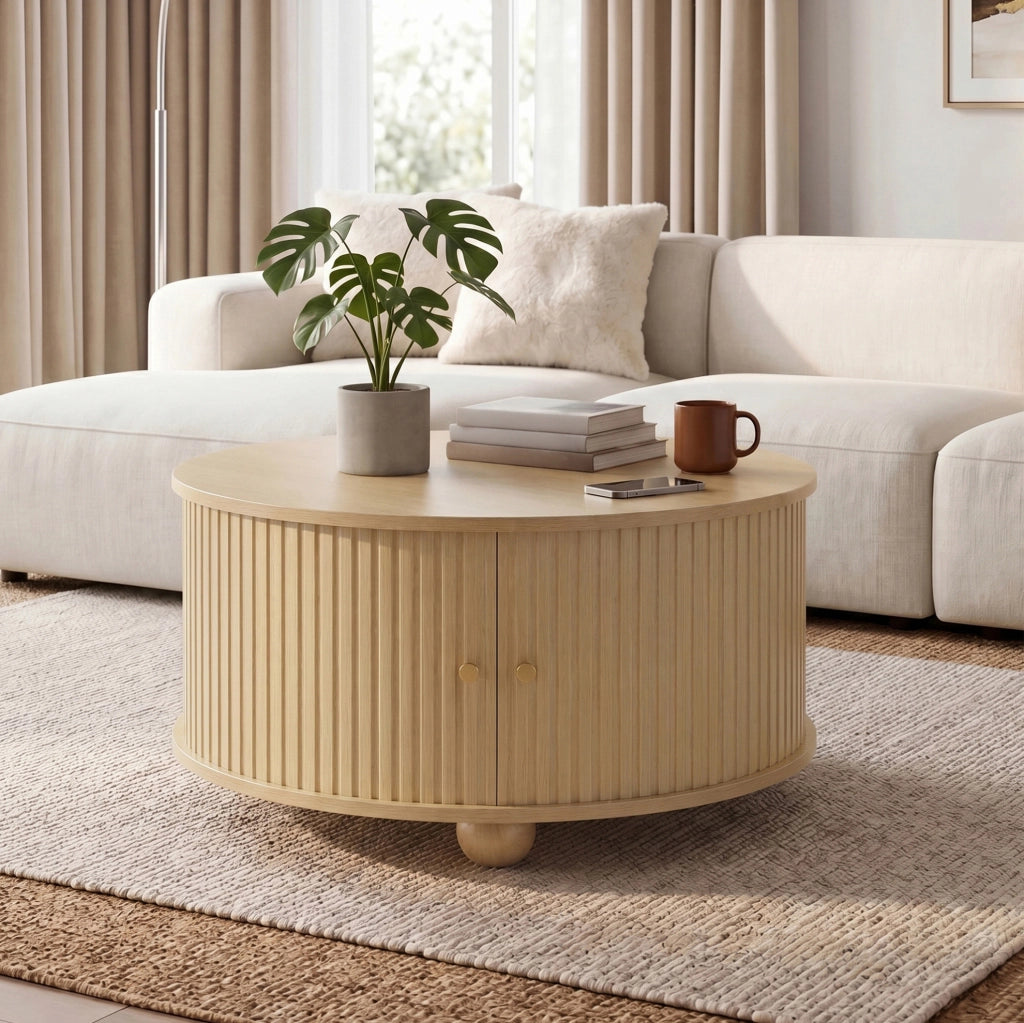 Tavolino da salotto rotondo 72x72x38 cm in MDF naturale con ante scorrevoli
