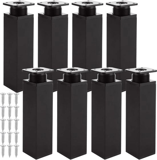 Set di sosteggi mobili regolabili 40 x 150 mm - Pacchetto da 8 sosteggi mobili - Sostegni mobili in alluminio neri - Inclusa la piattaforma di montaggio - Stile moderno - Sostegni mobili per arredamento