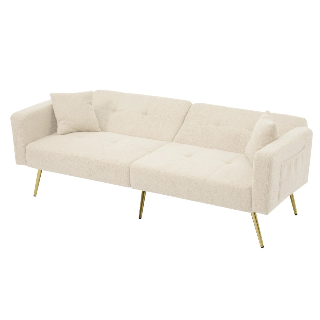 Divano letto ULEVR 175 cm beige con schienale regolabile, tasche laterali e gambe dorate