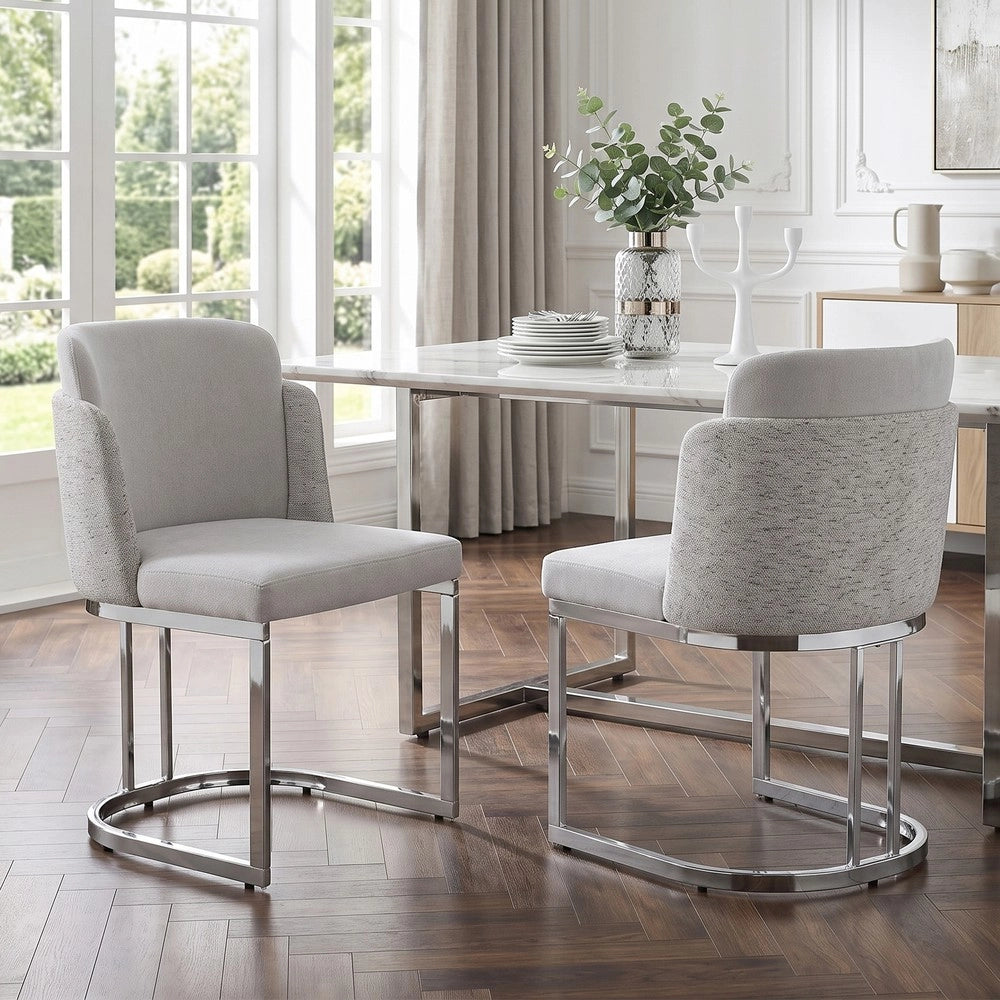 Set 4 Sedie da Pranzo ¨C Minimal ¨C Tessuto Chenille Grigio Chiaro Gambe Metallo Argento Stile Moderno