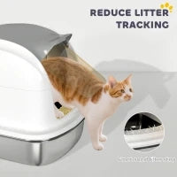 Lettiera per Gatti in Acciaio Inossidabile XL con Coperchio Ribaltabile Laterali Alti Ingresso Superiore Pala Bianco