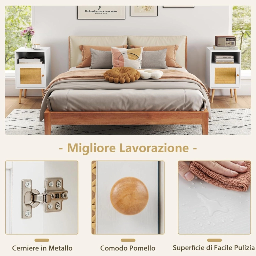Comodino in Legno con Spazio di Archiviazione, Comodino con Porta in Rattan, Gambe in Legno Massello, per Soggiorno Camera da letto, 40 x 39 x 70 cm (2, Bianco)