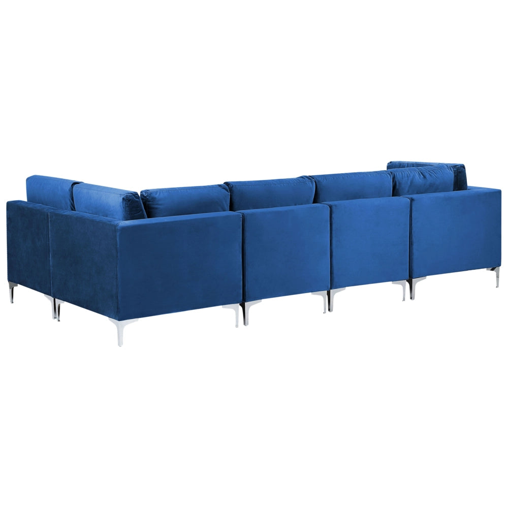 Divano ad angolo componibile versione sinistra a 5 posti in velluto blu marino con gambe in metallo argento stile glamour