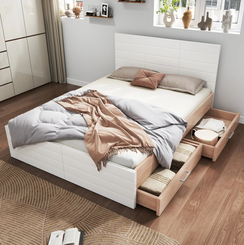 Letto matrimoniale 140x200 cm con 2 cassetti e rete a doghe; legno e MDF bianco e rovere chiaro