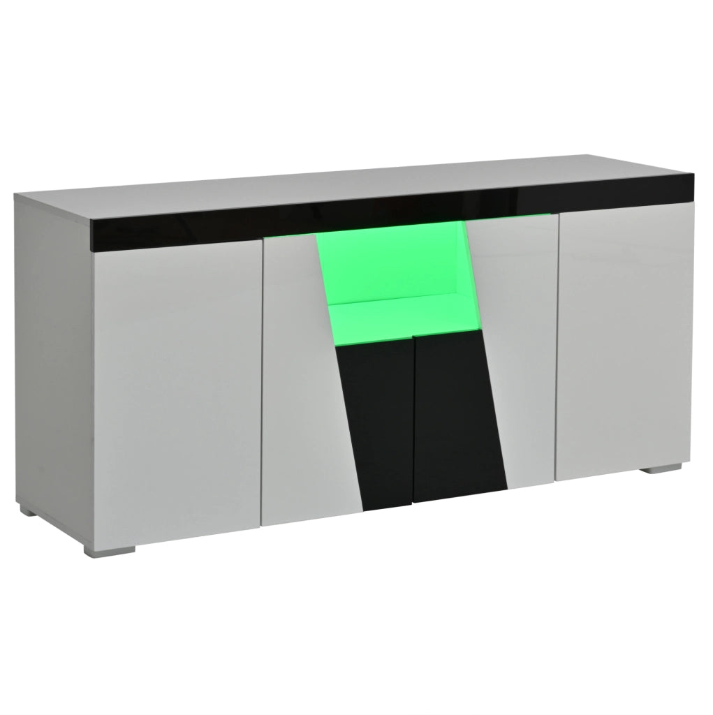 Sideboard 140x40x65 cm con 4 ante; LED e finitura lucida; bianco e nero