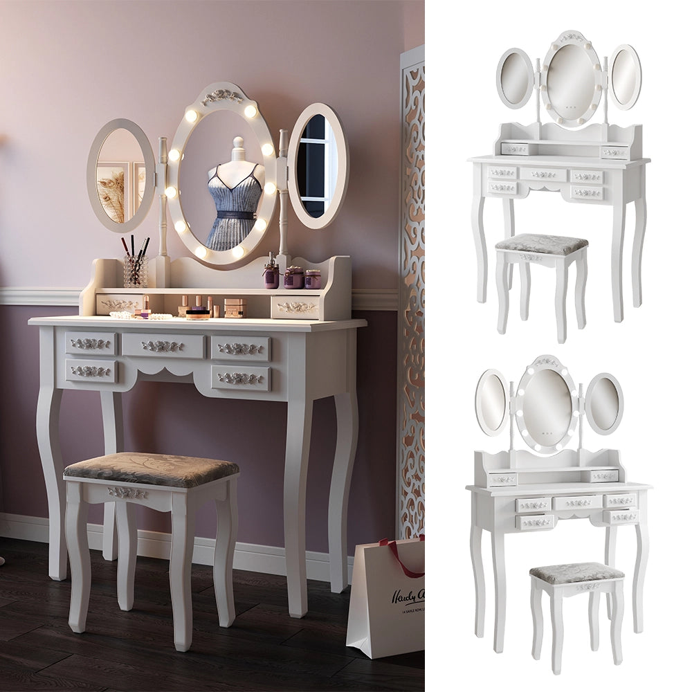 Vicco Tavolo da toeletta Bianco 90 cm con illuminazione e sgabello
