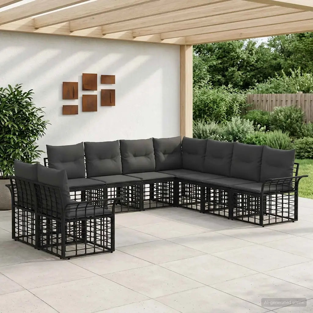 Set di divani da esterno 9 pcs Nero e Grigio scuro Poliestere