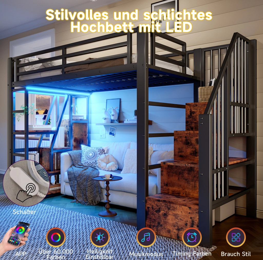 LETTO a soppalco 90x200 cm in metallo e MDF nero con scala e LED