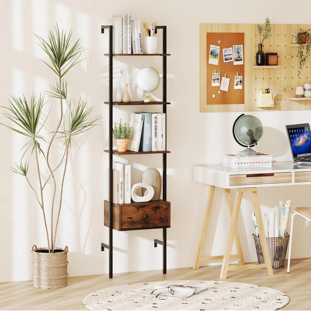Libreria a Scala a 5 Ripiani con Cassetto in Tessuto, Scaffale da Parete Salvaspazio in Legno, Scaffale Portaoggetti per Soggiorno, Studio e Camera da Letto, 43 x 30 x 178 cm, Marrone