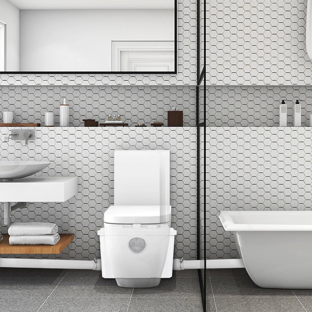 Impianto di sollevamento, 700 W, pompa sanitaria, 180 l/min, impianto di sollevamento piccolo, pompa per feci con filtro ai carboni attivi, lame in acciaio inox e 3 ingressi per WC, lavandino e