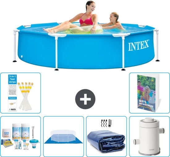 Piscina a Rondello - 244 x 51 cm - Blu - Inclusa Kit di Manutenzione - Copertura del Terreno - Parasole Solare - Pompaggio del Piscina - 7 pezzi