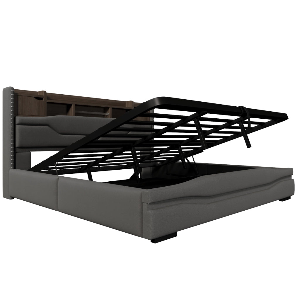 Letti contenitori 180x200 cm; rialzo idraulico e luci LED; lino e MDF grigio (Senza materasso)