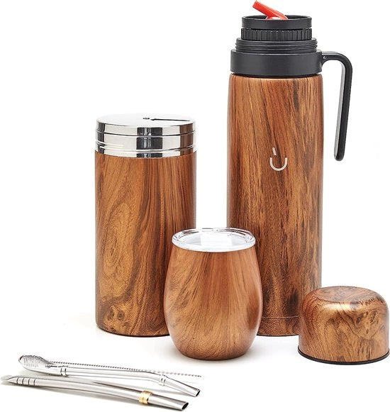 Set completo di yerba mate, moderni matè kalebas, thermoskan, contenitore di yerba, due pomponi e spazzola per pulizia in presenza, tutto di alta qualità in acciaio inossidabile 304 18/8 (legno)
