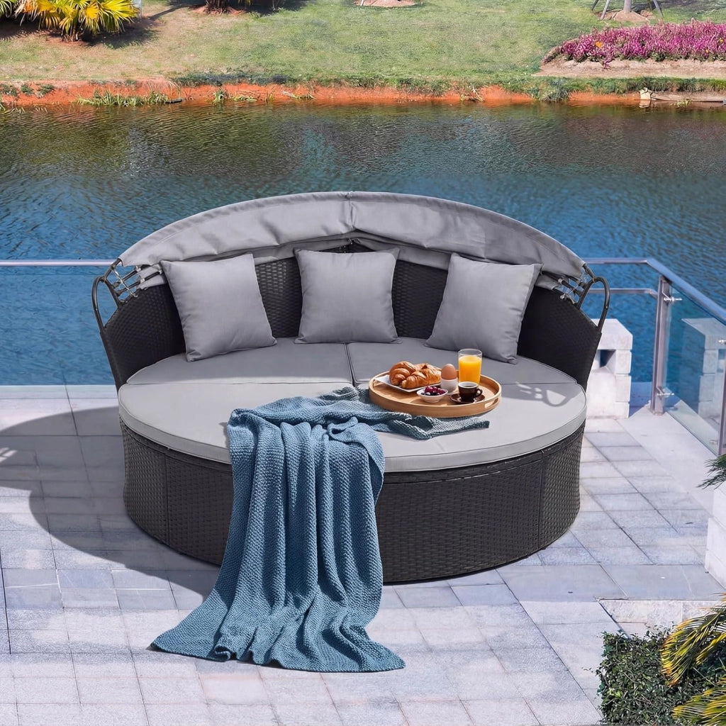 2 in 1 Isola Prendisole da Giardino per 2 Persone, Lettino Prendisole in Rattan con Tettuccio Retrattile, Divanetto Letto da Esterno con Cuscini per Terrazzo Balcone, 187x180x157 cm (Grigio)