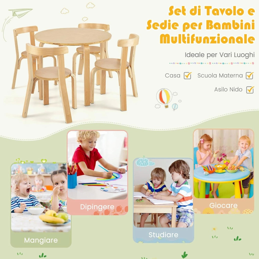 Set Tavolo e Sedie per Bambini, con Schienale Curvo in Legno, Tavolo Attività per Bambini con 4 Sedie, Capacità di Peso 25kg, 4+ Anni (naturale)