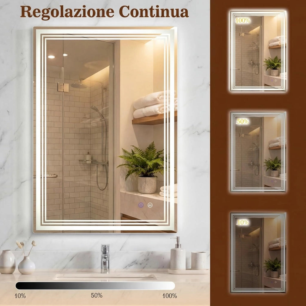 Specchio Bagno a LED Regolabile 70 x 50 cm, Specchio Rettangolare da Parete con Design Antiappannamento, Funzione Memoria, Controllo Touch, Vetro Temperato Infrangibile e Collegamento Fisso