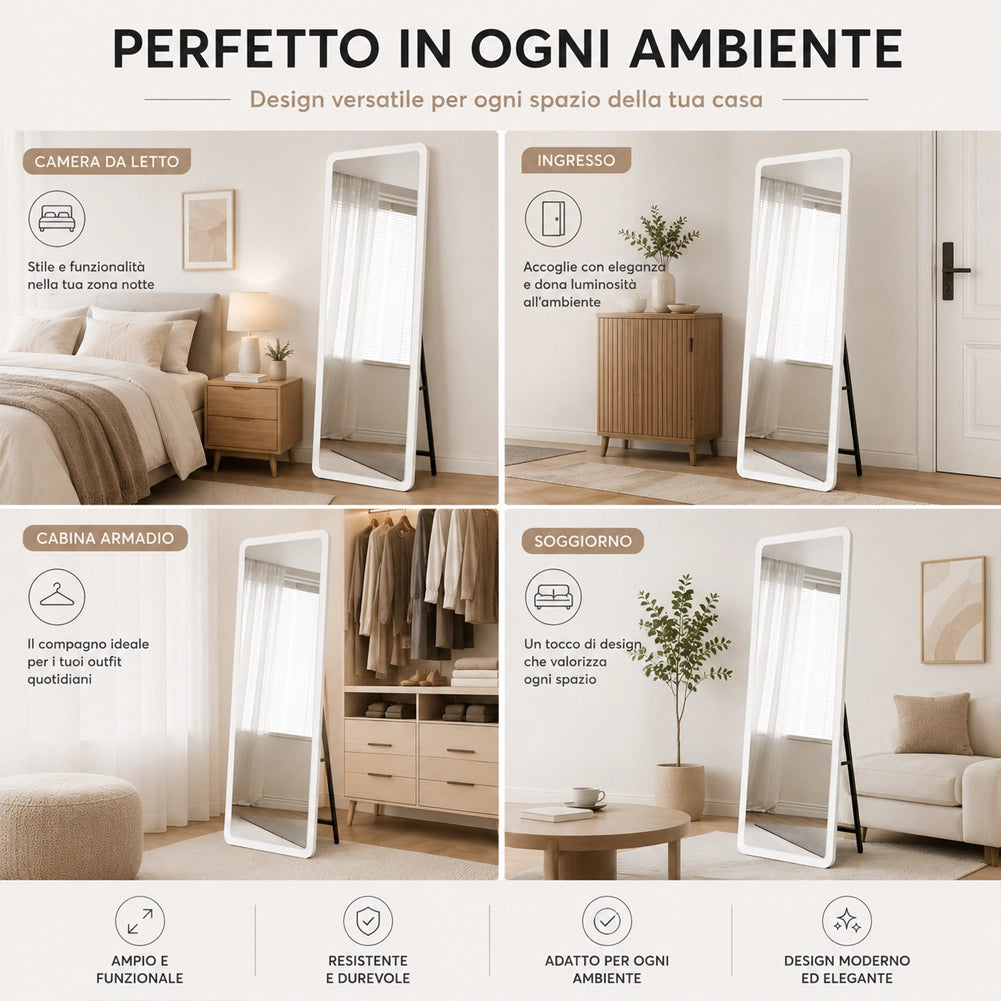 Specchio Doppia Installazione Bianco Parete o Indipendente Moderno 160x50 cm