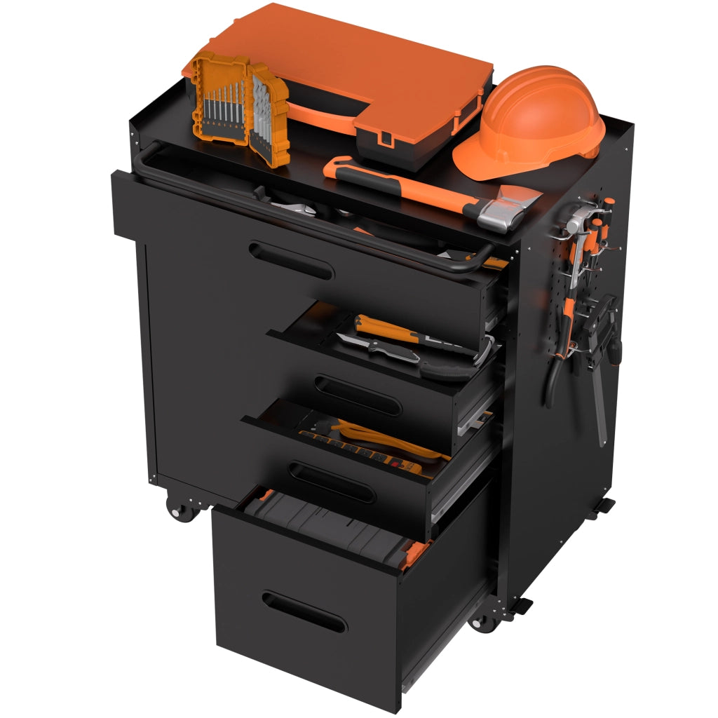 Mobiletto portautensili ¨C organizer per garage con scomparto chiudibile a chiave e 4 cassetti, contenitore in acciaio mobile per officina e garage dom