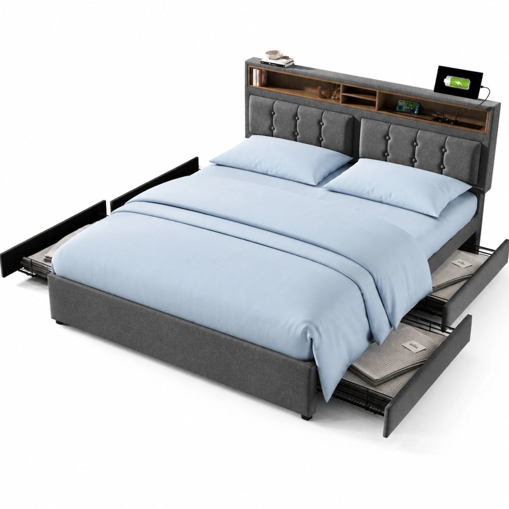 Letto matrimoniale 140x200 in lino grigio con 4 cassetti, USB/Type-C, testiera regolabile, senza materasso