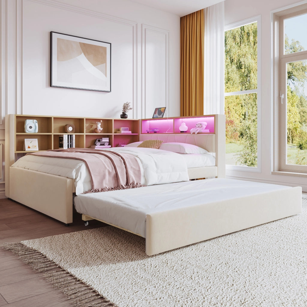 Divano letto multifunzionale 140x200 cm con letto estraibile 90x190 cm; LED e prese; beige