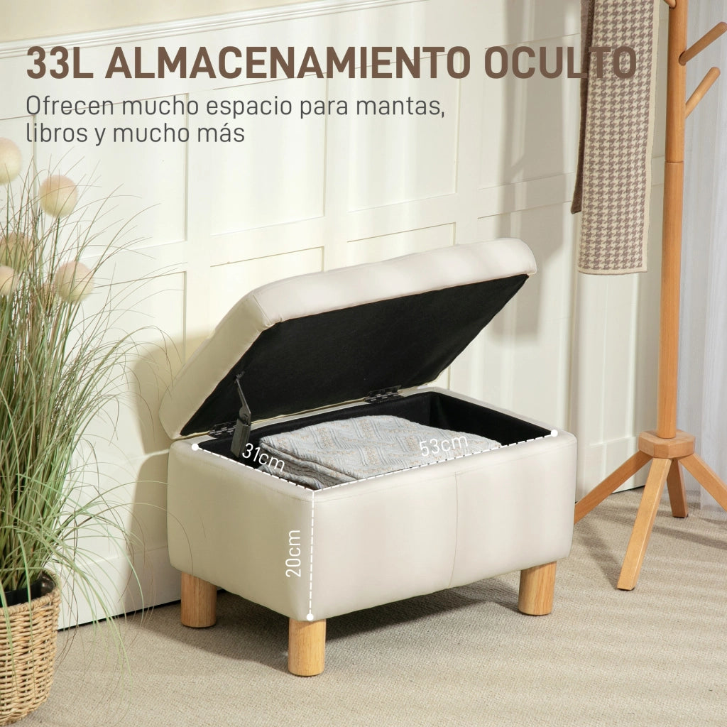Panca contenitore imbottita ¨C Xylo ¨C PU crema con gambe in legno 60x38x40 cm