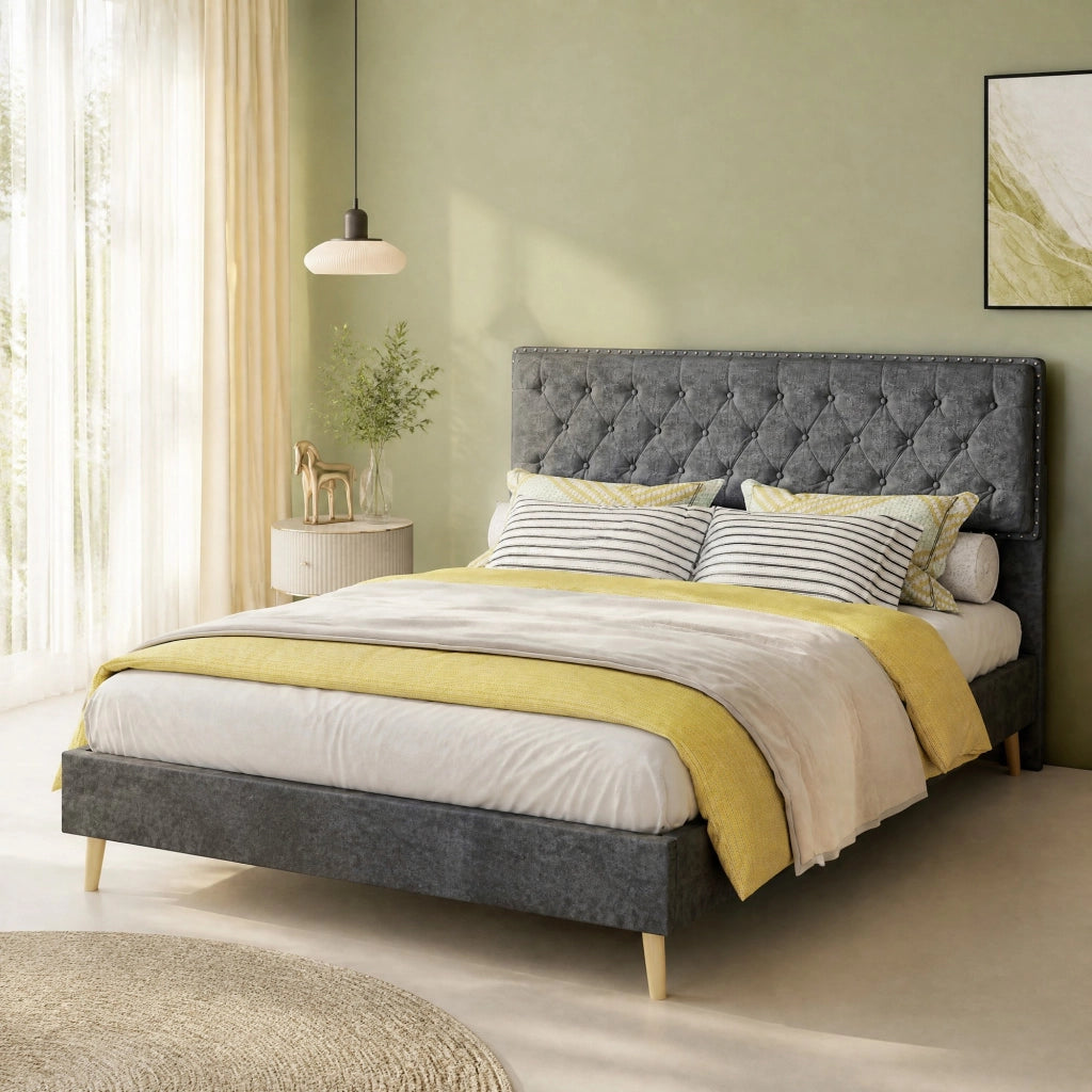 Letto matrimoniale 140x200 cm con testiera alta in velluto grigio e rete a doghe