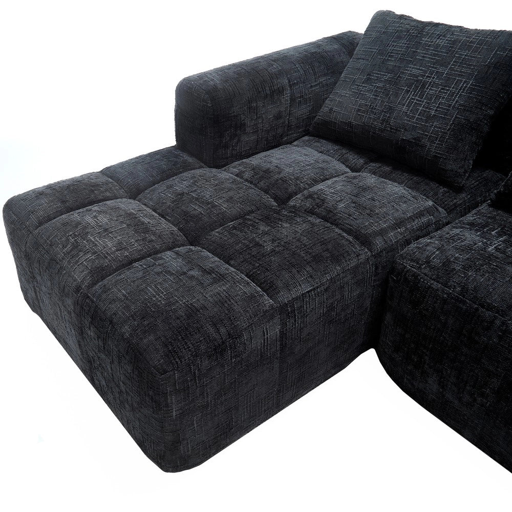 Divano angolare 3 posti con chaise longue e braccioli ¨C Minimal ¨C nero chenille con 3 cuscini e tasche laterali