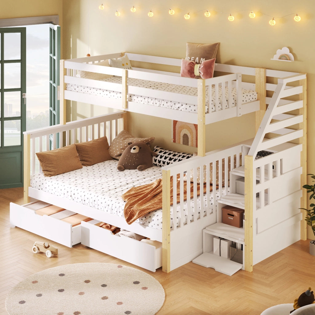 Castello 90x200 sopra 140x200 bianco/naturale cassetti e vano