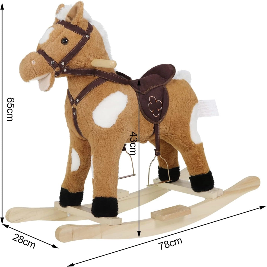 Cavallo a Dondolo in Legno per Bambini, Cavalluccio Cavalcabile in Peluche con Suoni, Giocattolo Regalo per Bimbi 1/2/3 Anni, Marrone e Bianco