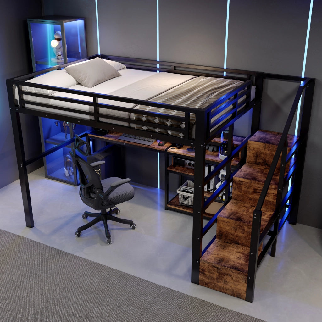 Letto a soppalco 140x200 cm per 2 persone con scala contenitore, prese USB/Type-C, ripiano e illuminazione LED, metallo nero