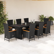 Set da Pranzo da Giardino 9 pz con Cuscini Nero in Polyrattan