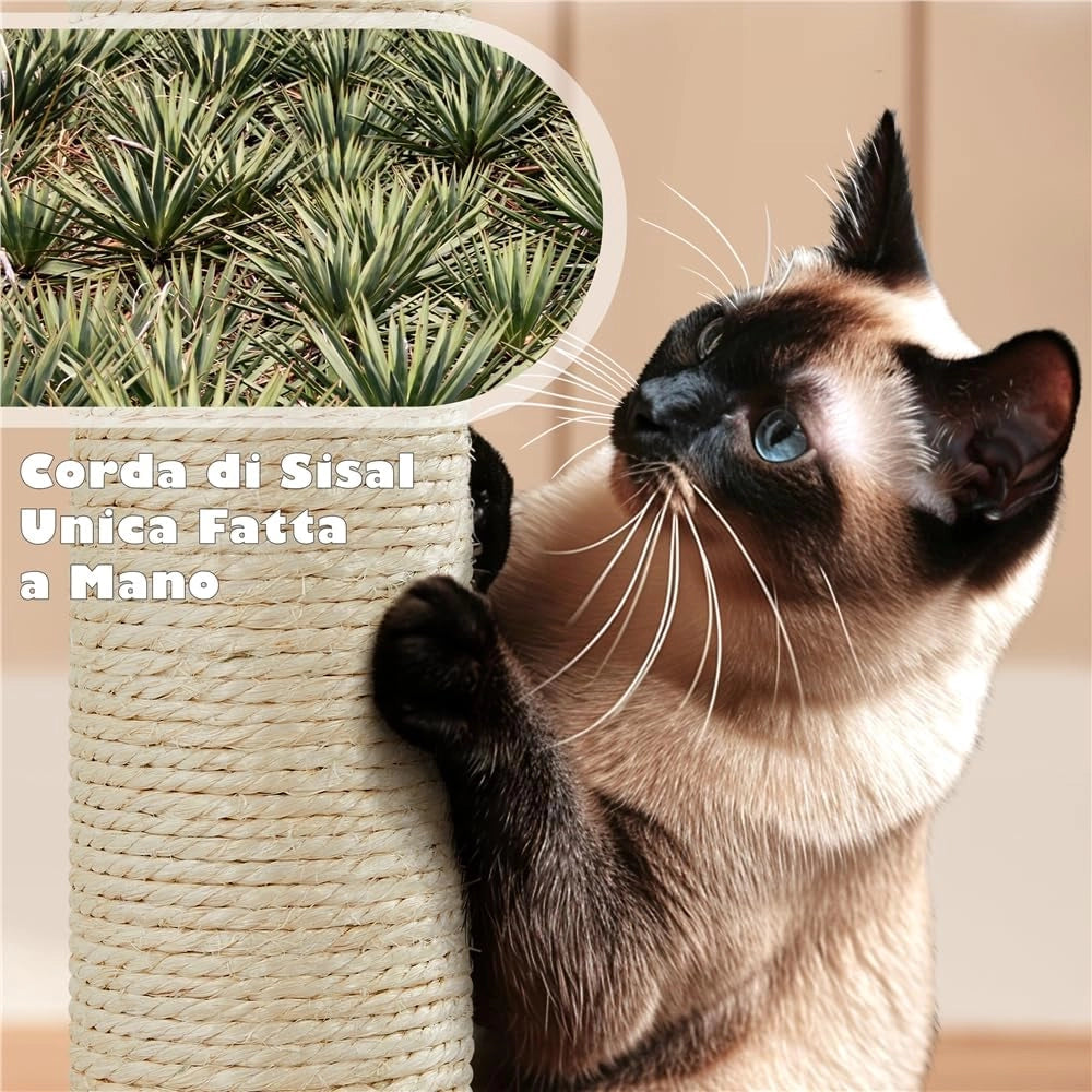Yaheetech Albero Tiragraffi per Gatti 139 cm con 3 Pali Graffiatoi 3 Posatoi 2 Grotta 2 Pompon in Peluche a Più Livelli Giocattolo Gioco Grigio Scuro