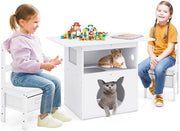 Tavole e Sedie per Bambini 3+ Anni, Tavolo in Legno con Casetta per Gatti, Buco per Gatti & Finestra Trasparente, 2 Sedie con Contenitori in Tessuto, Ideale per Disegnare e Studiare
