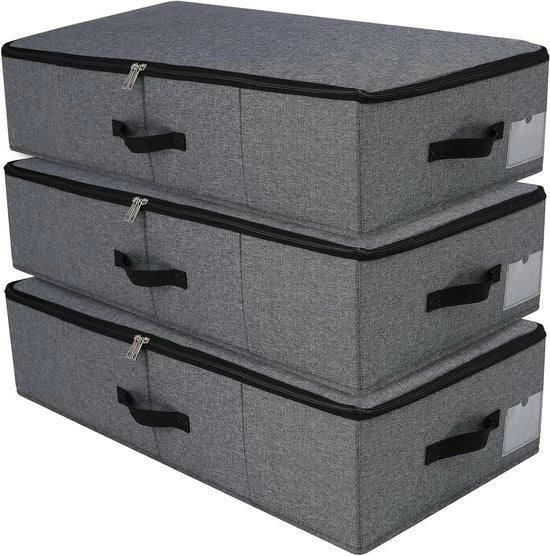 Set di Organizzazione per Sottoletto con Scatola Opaca da 3 - Con Coperchio - Materiale Duraturo - Per Abbigliamento, Scarpe, Giocattoli, Piume - Colori Nero e Grigio