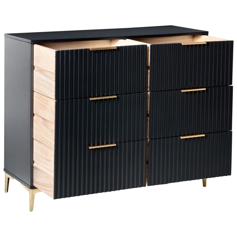 Cassettiera nero MDF 6 Cassetti Gambe in Metallo Maniglie Fronti Scanalati Design Moderno Camera da Letto Soggiorno