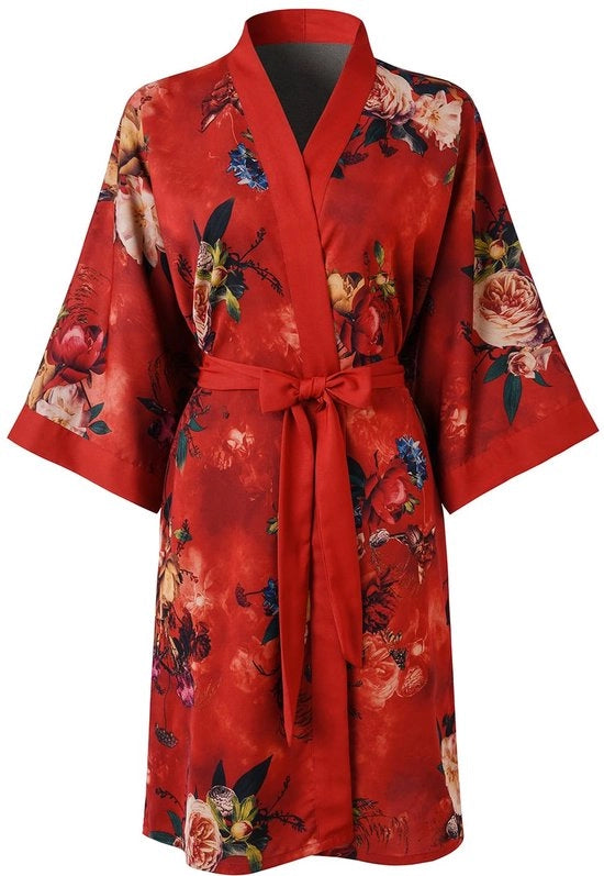Kimono da camera corta per donne - pigiama con tasca e stampa di fiori e abito da notte (rosa scuro)