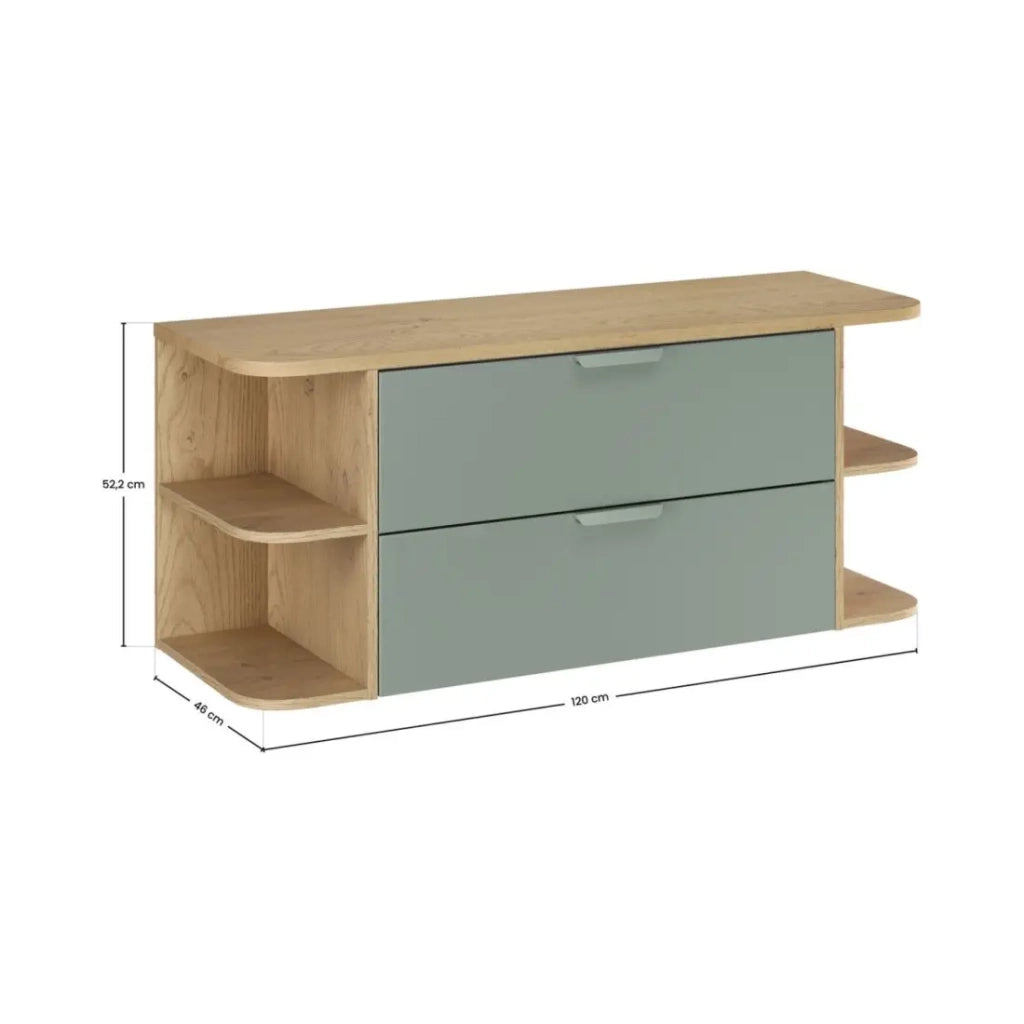Insieme OSTER 120cm: mobile sottolavabo con cassetti verde salvia e nicchie visibili arrotondate + piano per lavabo effetto rovere chiaro